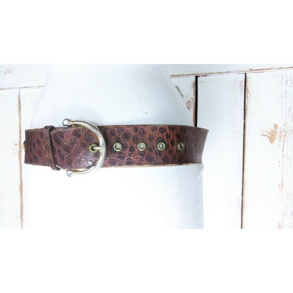 Vintage Jill Stuart wide brown leather gold medallion reptile croc embossed belt - Picture 2 of 6